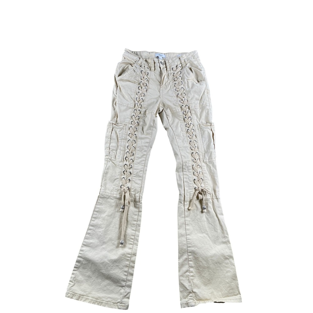 Forever 21 Premium Khaki Lace Up Flare Cargo Pants Tan Mid Rise Y2K Size Small